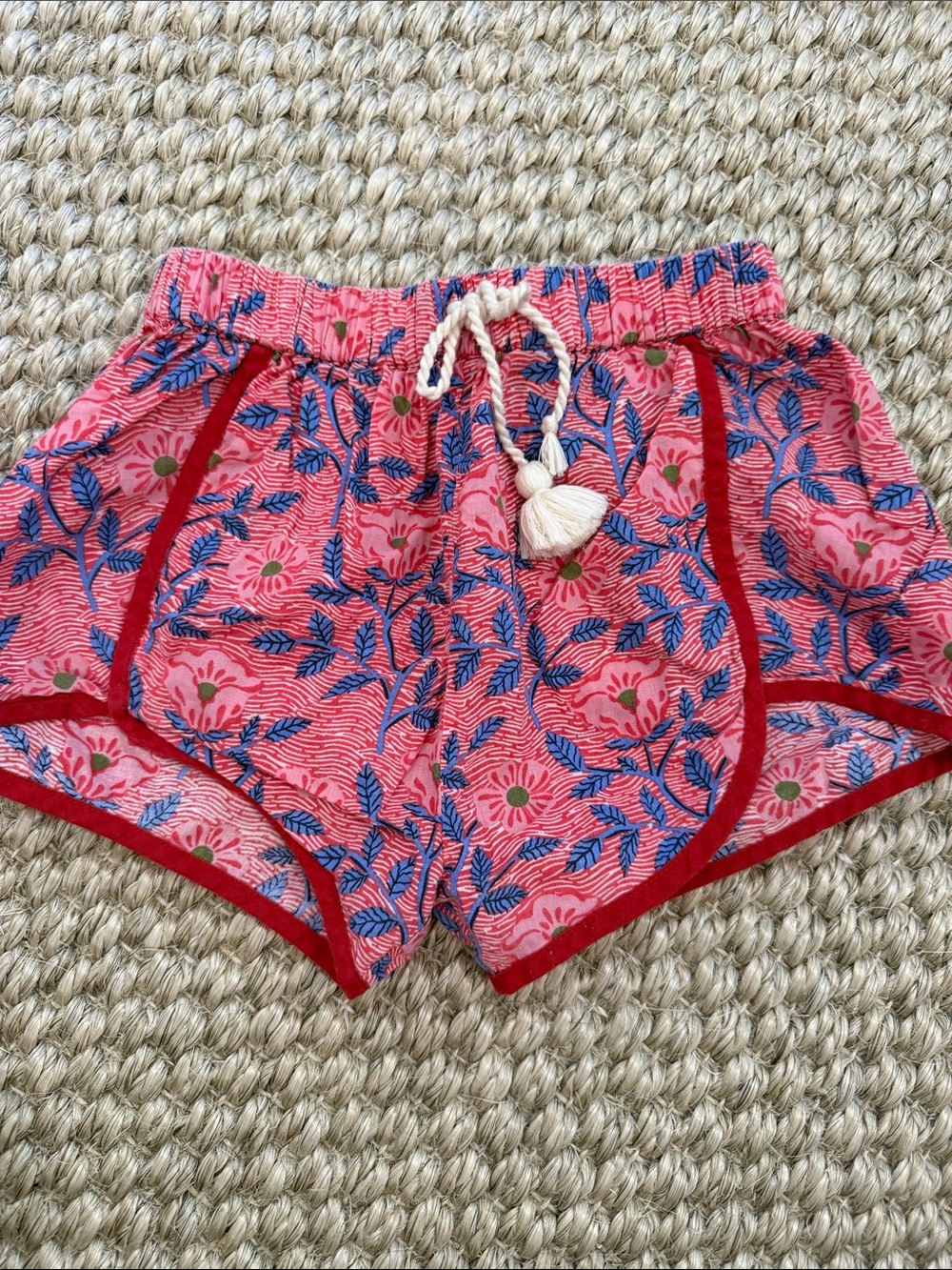 Pink Chicken Pink Floral Athletic Shorts with Blue Leaf Print